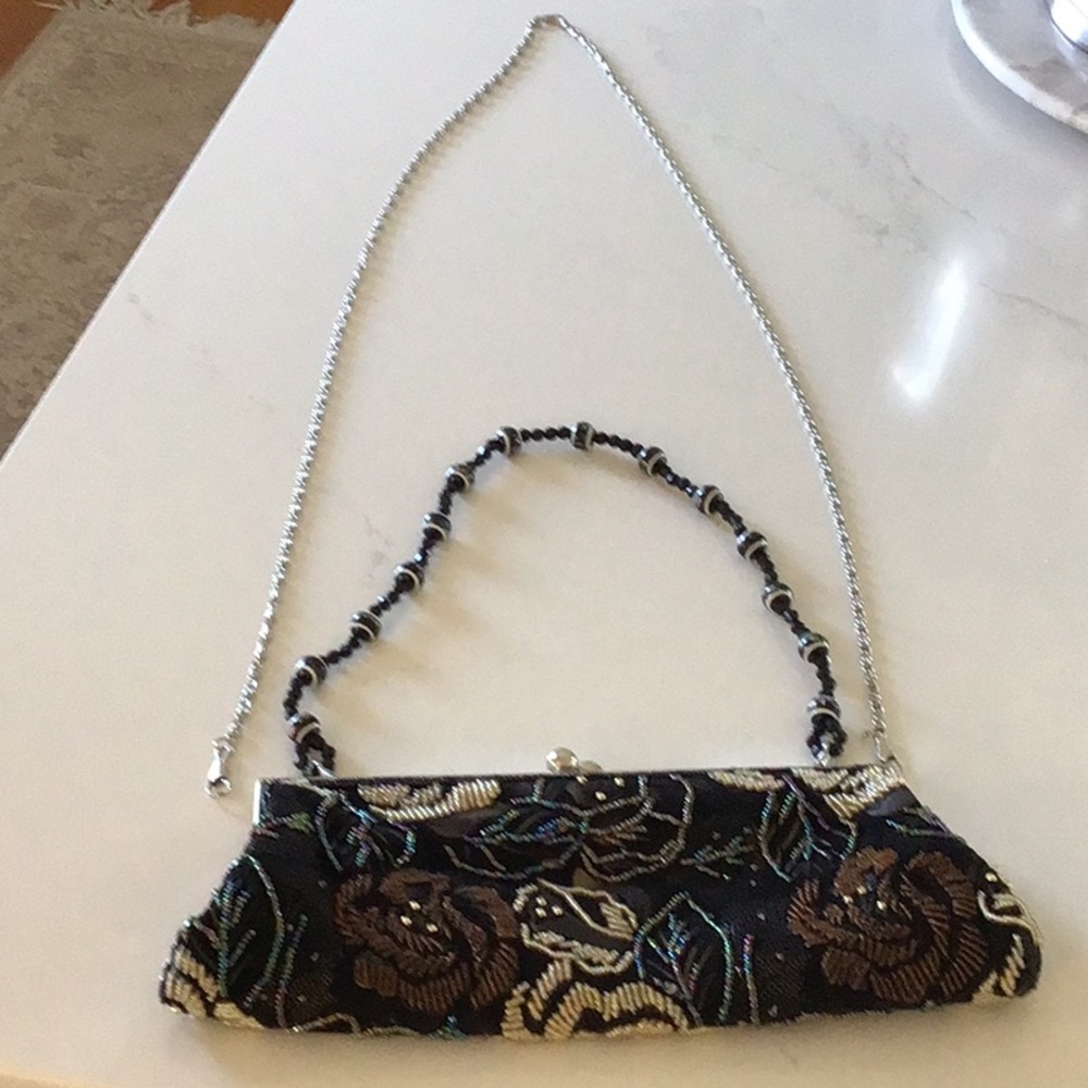 Beaded Floral Evening Clutch - Black, Brown,Beige and touches of blue. NEW